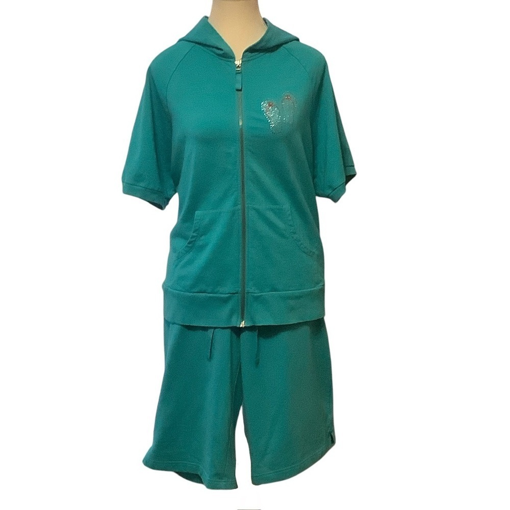 TAPEMEASURE 2 PIECE SET TURQUOISE SHORT SLEEVE ZIP-UP HOODIE & SHORTS/ Size XL